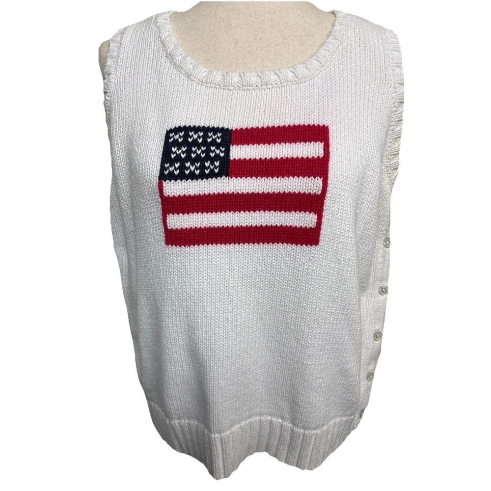 Vintage 90s USA Flag Sweater‎ Vest Womens XL White Americana Preppy